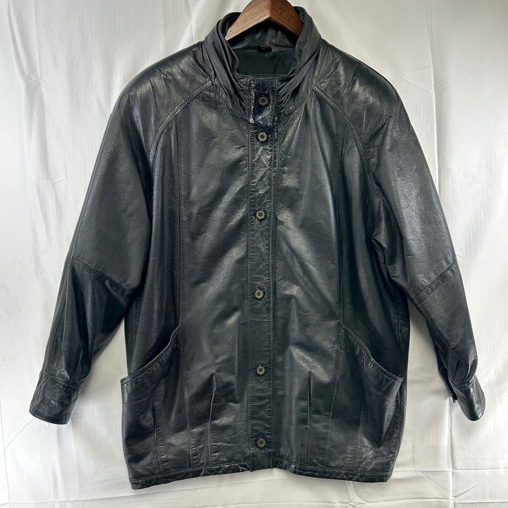 Jacqueline Ferrar Leather Jacket Womens 8 Black Button Stand Collar Vintage